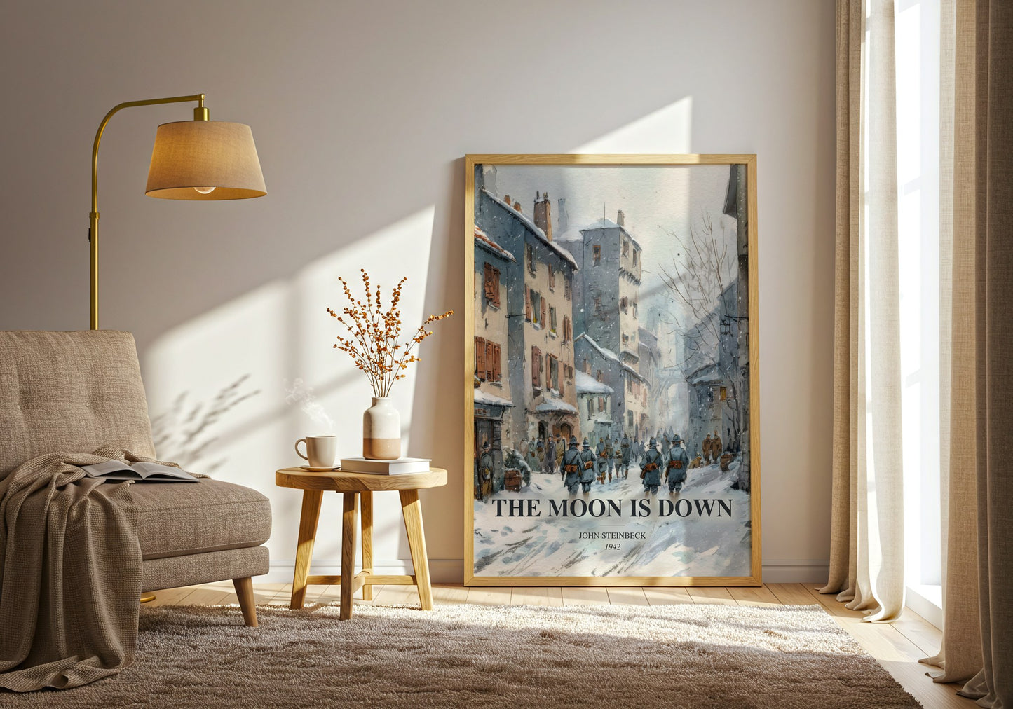 The Moon Is Down watercolour print in frame leaning in hallway – historical fiction wall art