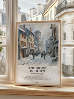 The Moon Is Down Bookish Wall Art by John Steinbeck – framed print by a bright window