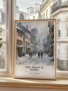 The Moon Is Down Book Cover Poster by John Steinbeck – framed print by a bright window