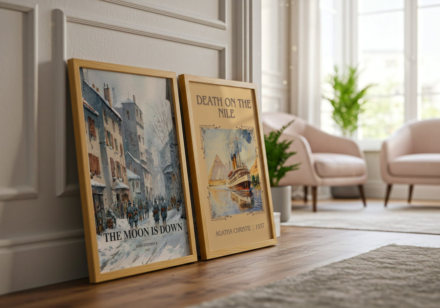 The Moon Is Down watercolour print framed by window – literary home decor