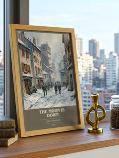 The Moon Is Down Book Cover Poster by John Steinbeck – framed print on a city-view windowsill