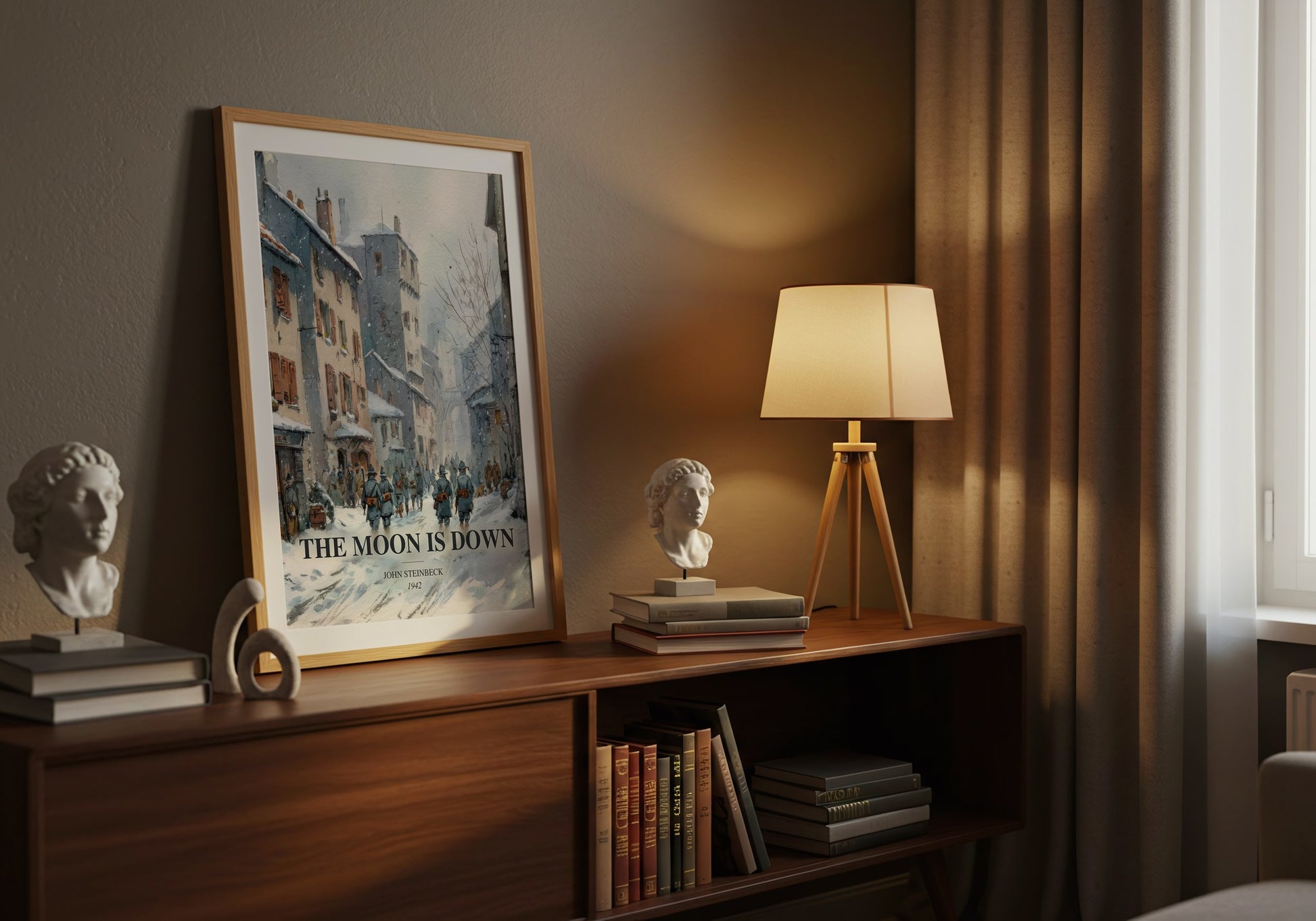 The Moon Is Down watercolour print on bookshelf – John Steinbeck fan gift