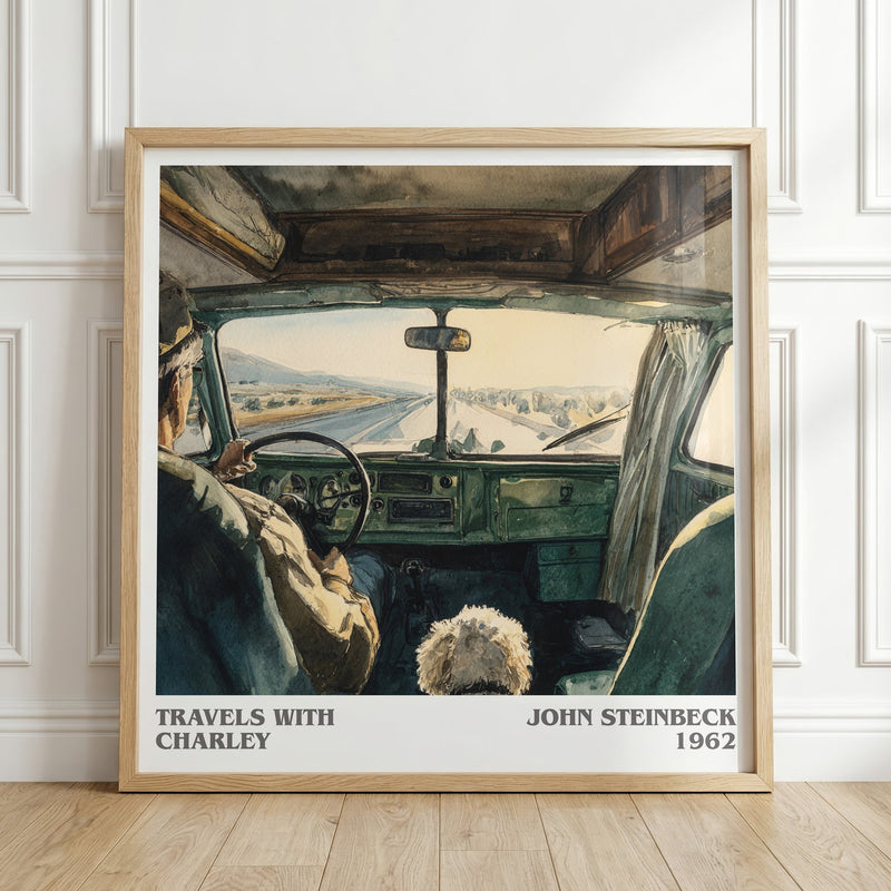 Travels with Charley literary print in frame leaning in hallway – historical fiction wall art