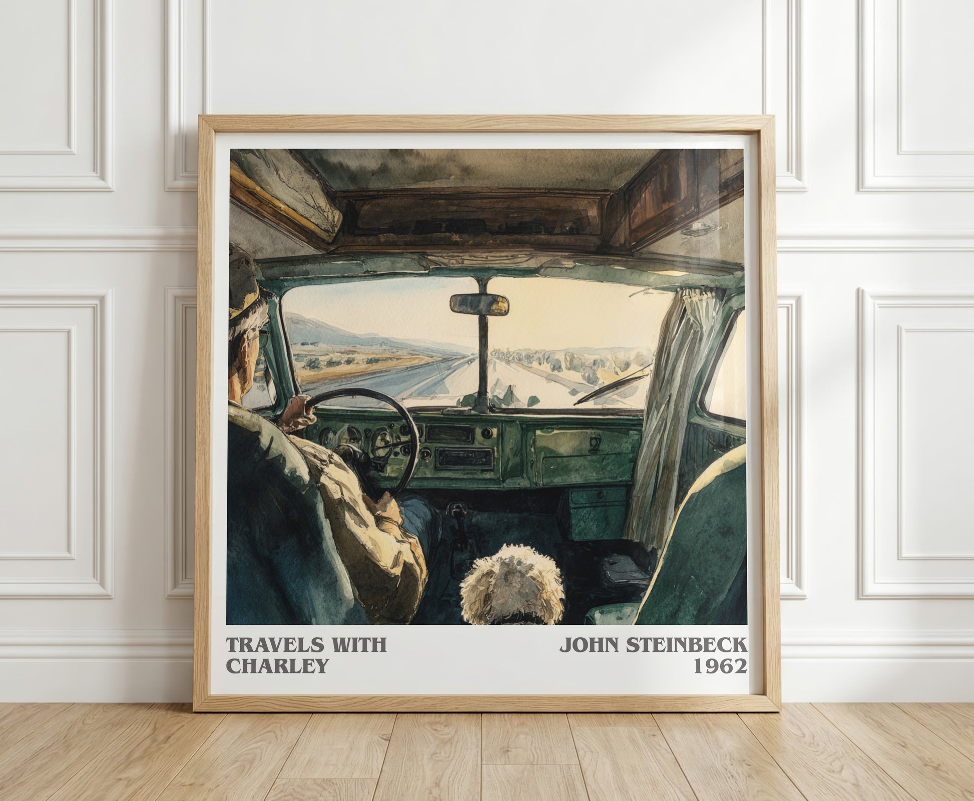 Travels with Charley literary print in frame leaning in hallway – historical fiction wall art