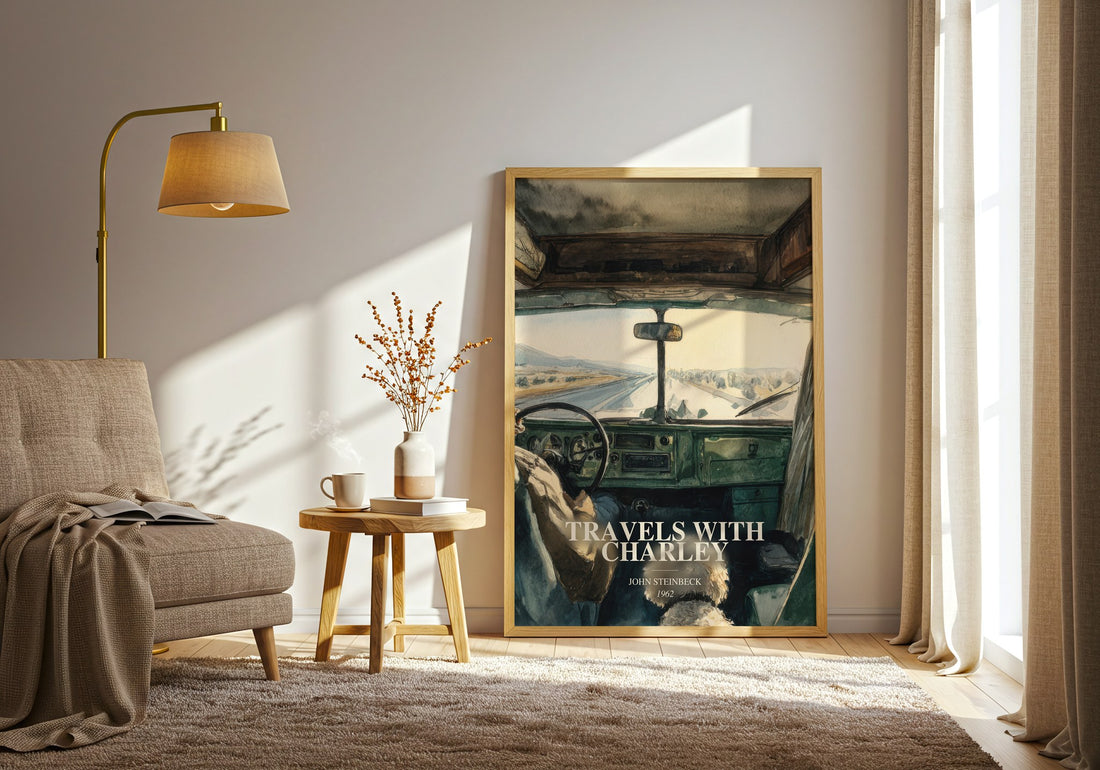Travels With Charley watercolour print in frame leaning in hallway – non fiction wall art (mockup)