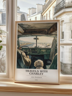 Travels with Charley Book Cover Poster by John Steinbeck – framed print by a bright window