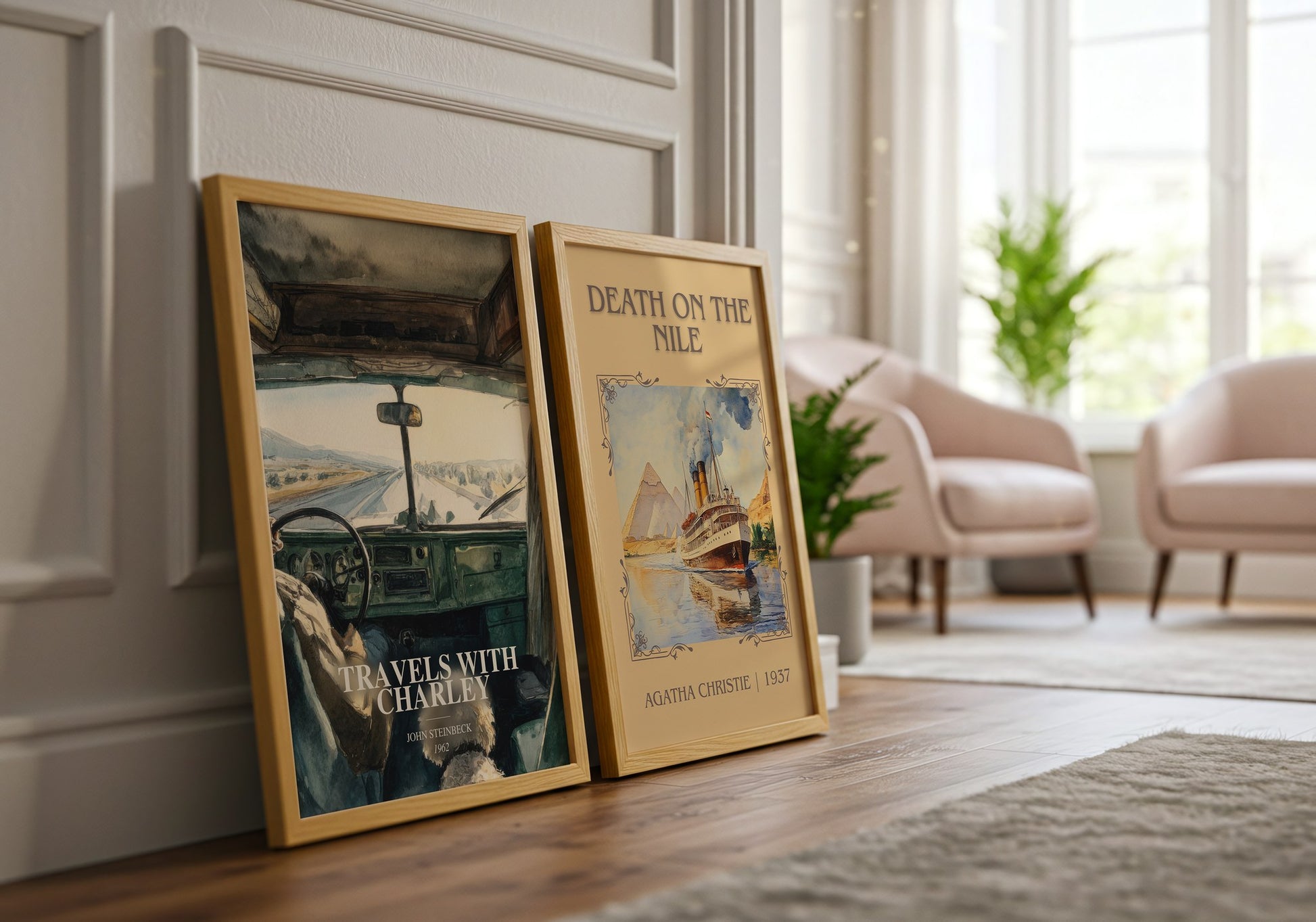 Travels With Charley watercolour print framed by window – literary home decor