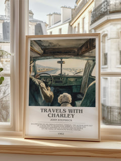 Travels with Charley Bookish Wall Art by John Steinbeck – framed print by a bright window