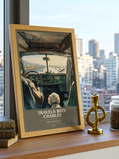 Travels with Charley Book Cover Poster by John Steinbeck – framed print on a city-view windowsill