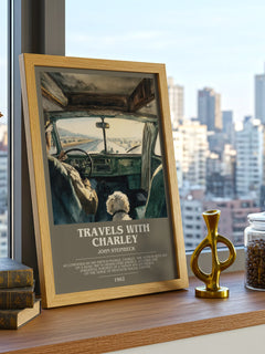 Travels with Charley Bookish Wall Art by John Steinbeck – framed print on a city-view windowsill
