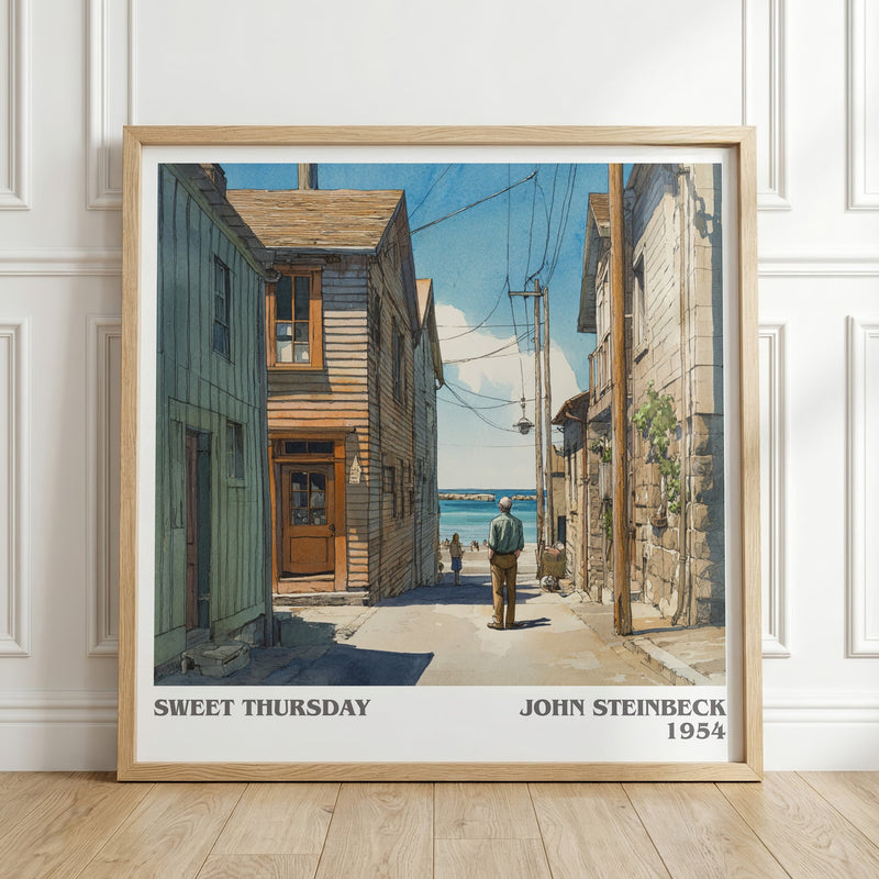 Sweet Thursday literary print in frame leaning in hallway – non fiction wall art