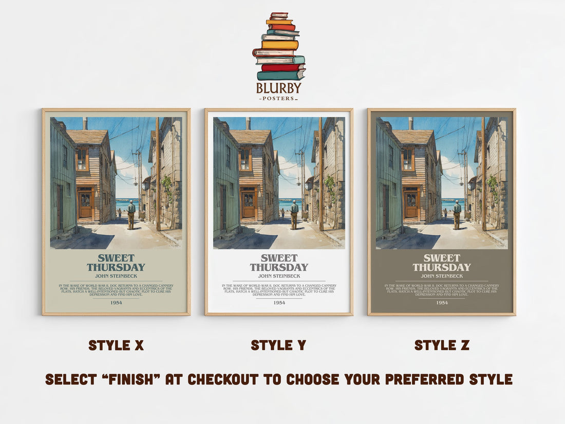 Sweet Thursday bookish print in frame leaning in hallway – non fiction wall art (mockup)