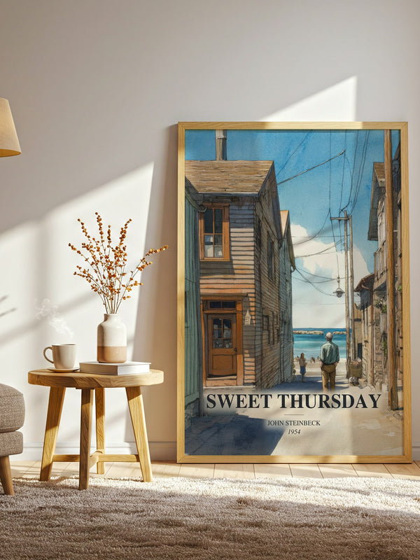 Sweet Thursday watercolour print in frame leaning in hallway – literary fiction wall art
