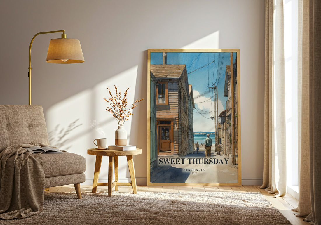 Sweet Thursday watercolour print in frame leaning in hallway – literary fiction wall art (mockup)