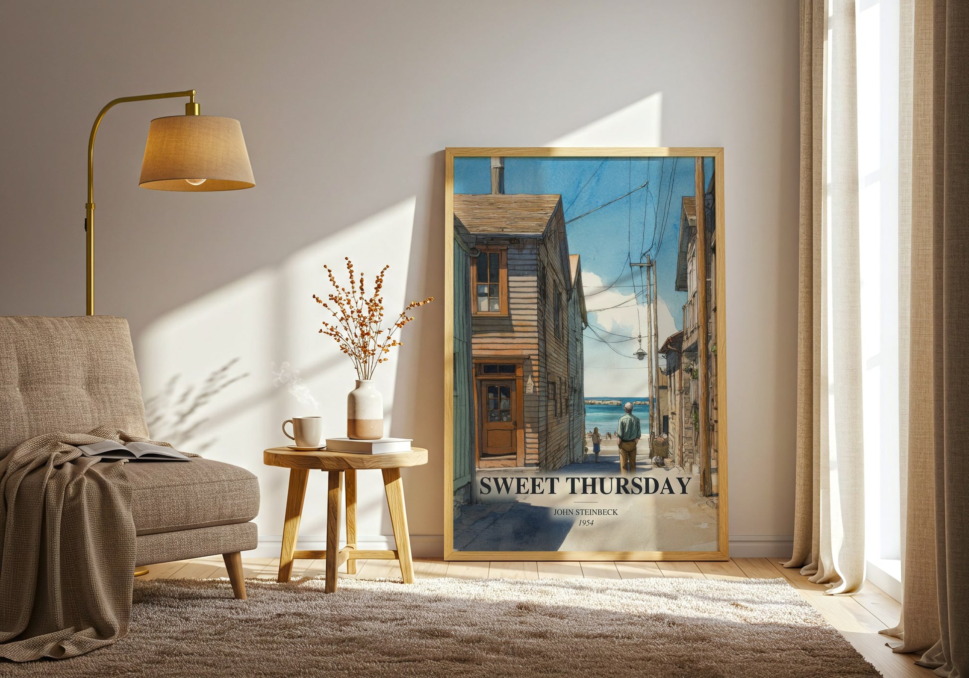 Sweet Thursday watercolour print in frame leaning in hallway – literary fiction wall art
