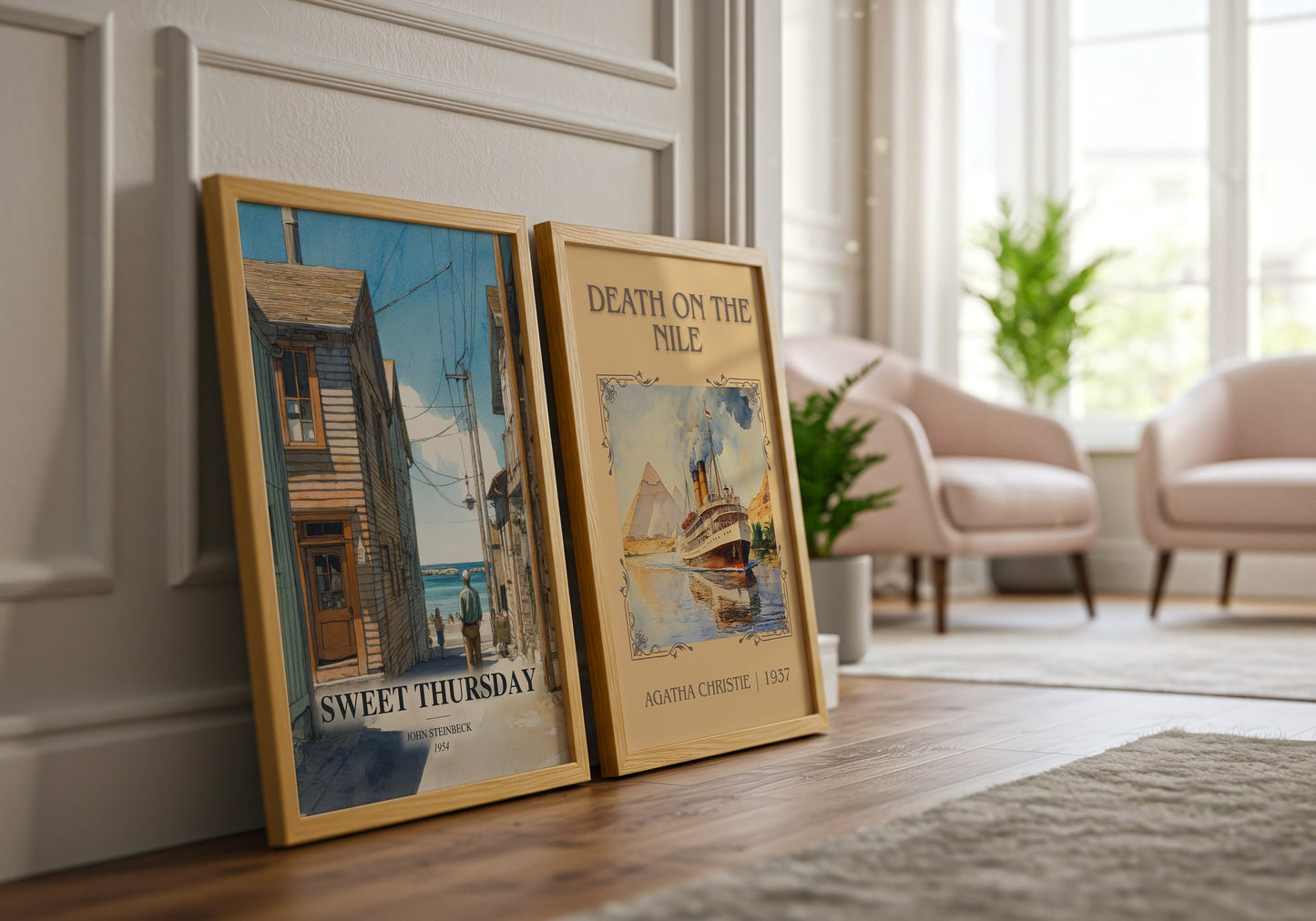 Sweet Thursday watercolour print framed by window – literary home decor