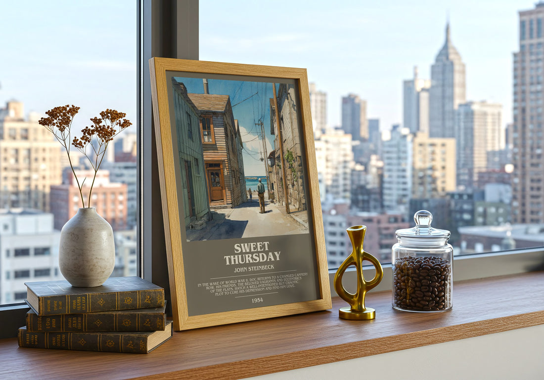 Sweet Thursday Bookish Wall Art by John Steinbeck – framed print on a city-view windowsill