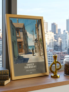 Sweet Thursday Book Cover Poster by John Steinbeck – framed print on a city-view windowsill