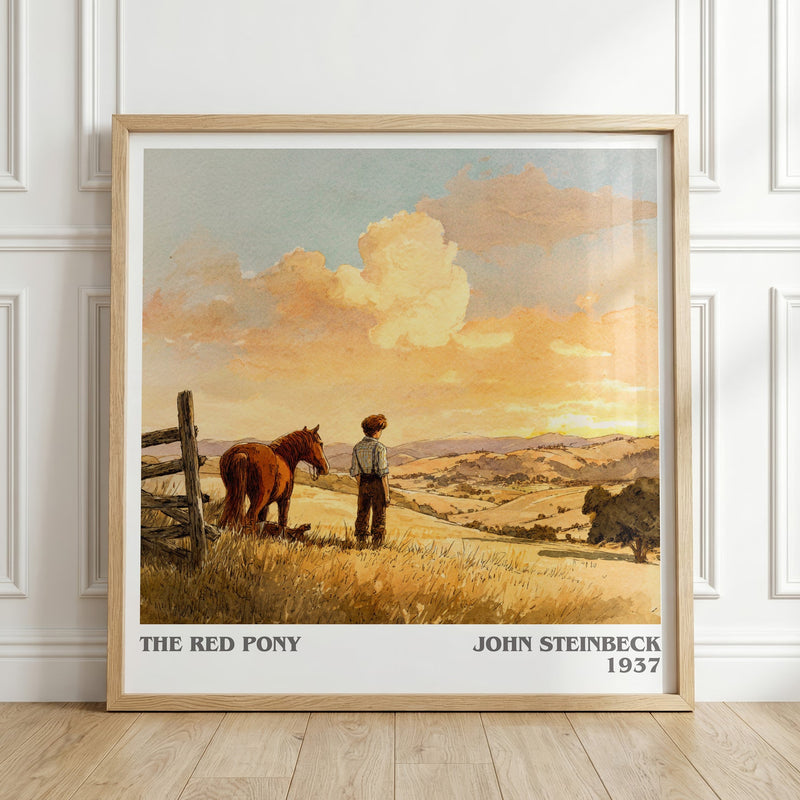 The Red Pony literary print in frame leaning in hallway – literary fiction wall art