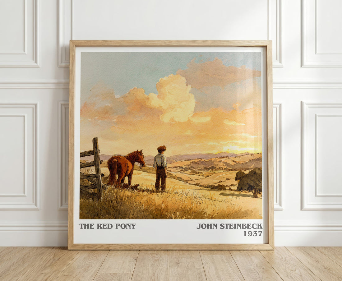 The Red Pony literary print in frame leaning in hallway – literary fiction wall art (mockup)