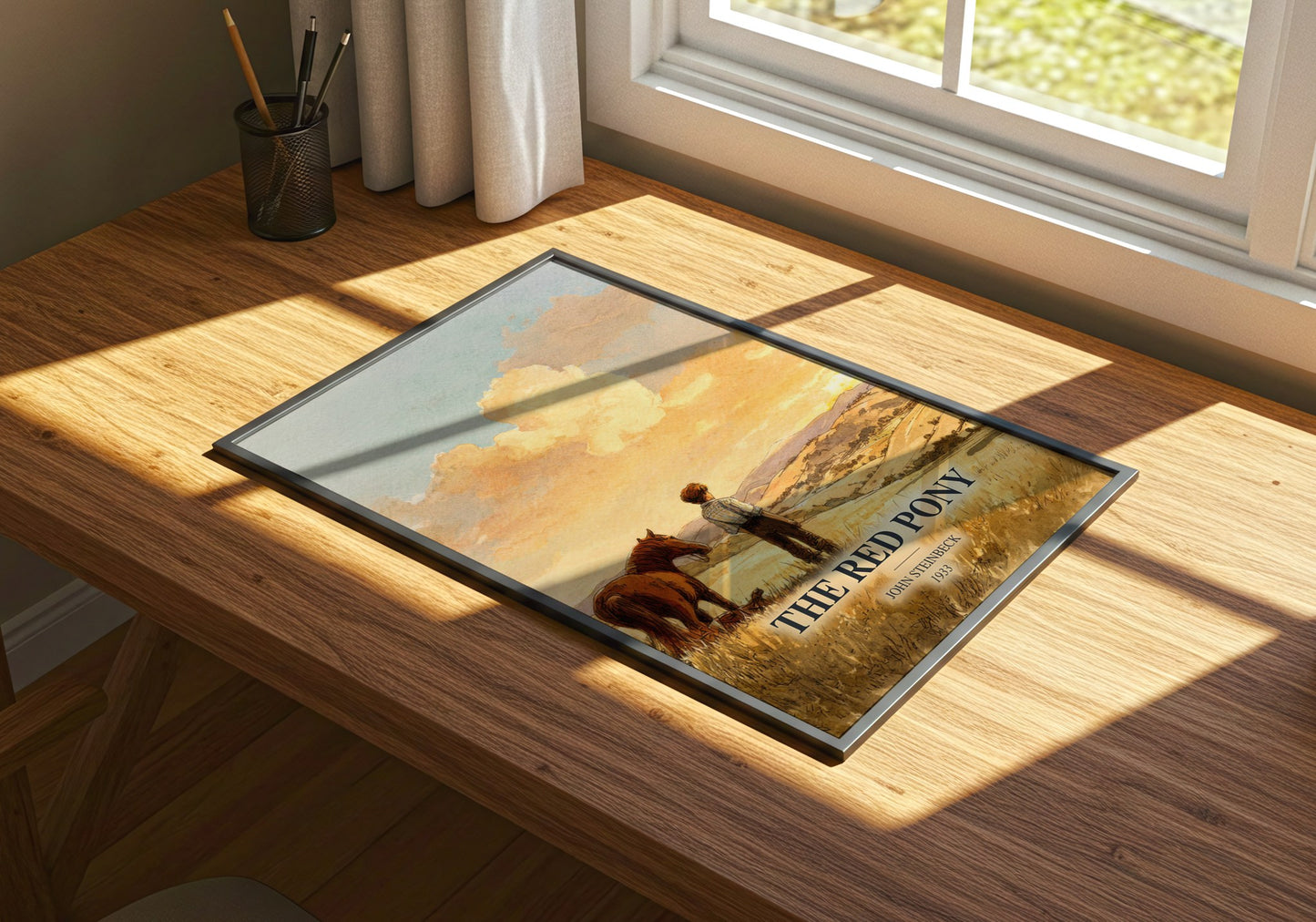 The Red Pony watercolour book poster framed on wall – coming of age wall art
