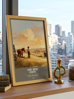 The Red Pony Book Cover Poster by John Steinbeck – framed print on a city-view windowsill