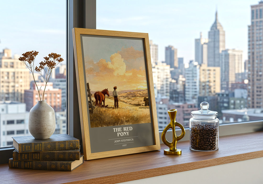 The Red Pony Book Cover Poster by John Steinbeck – framed print on a city-view windowsill