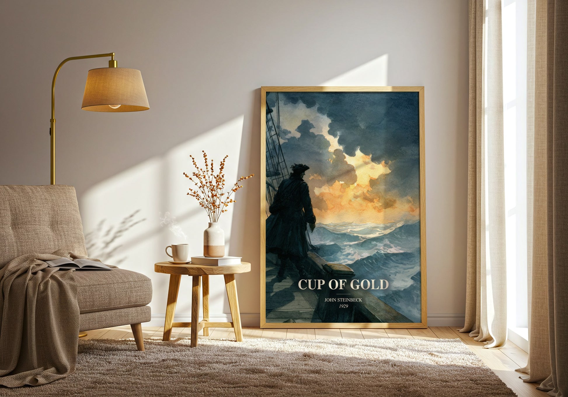 Cup Of Gold watercolour print in frame leaning in hallway – historical fiction wall art