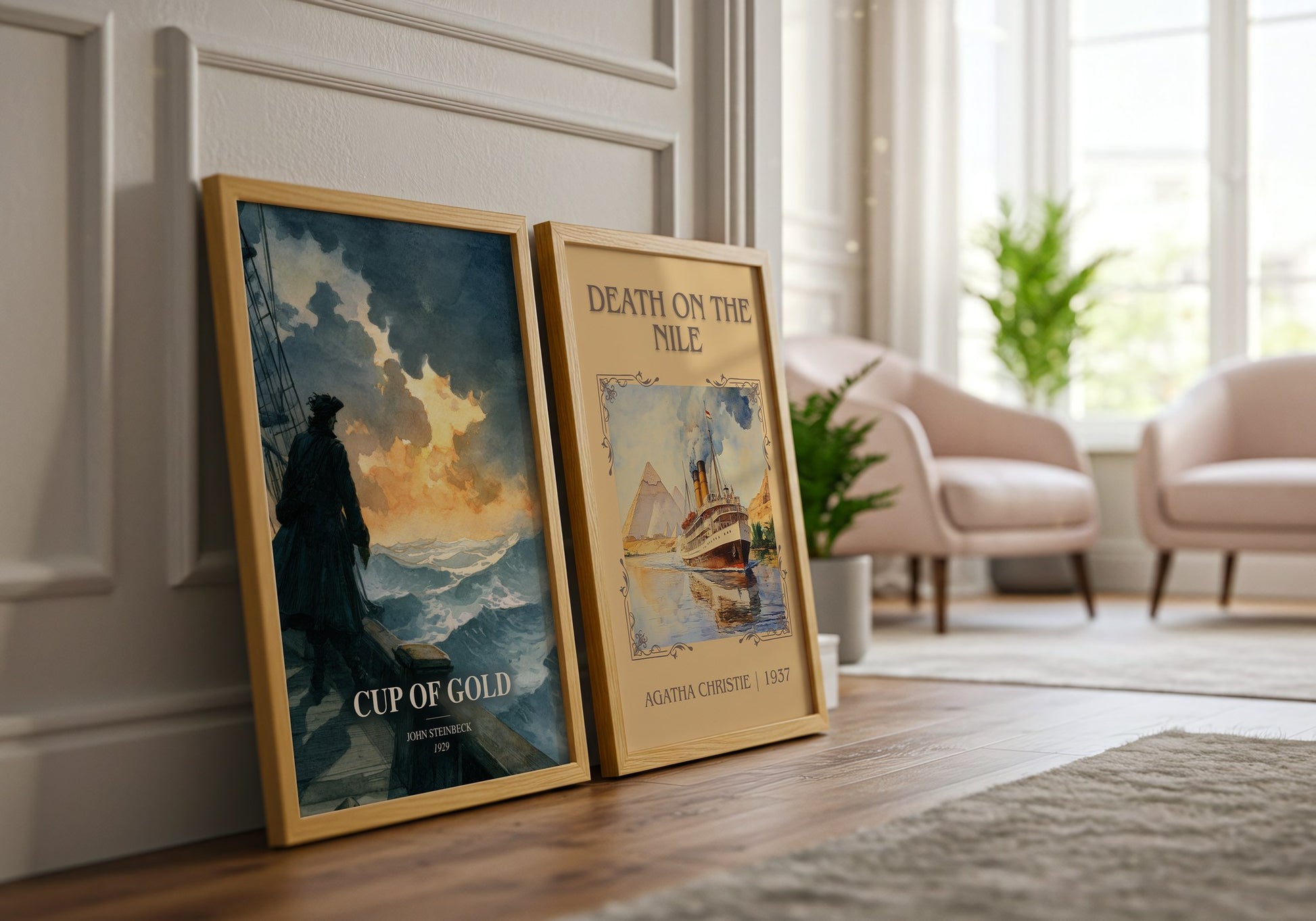 Cup Of Gold watercolour print framed by window – literary home decor