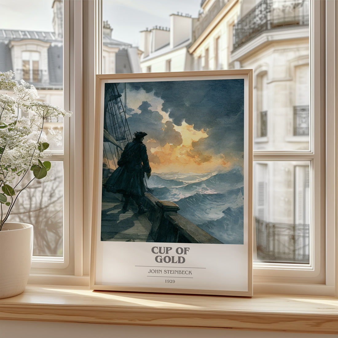 Cup of Gold Book Cover Poster by John Steinbeck – framed print by a bright window