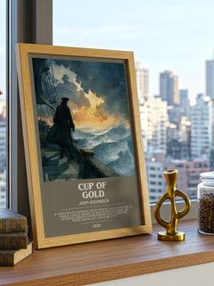 Cup of Gold Bookish Wall Art by John Steinbeck – framed print on a city-view windowsill