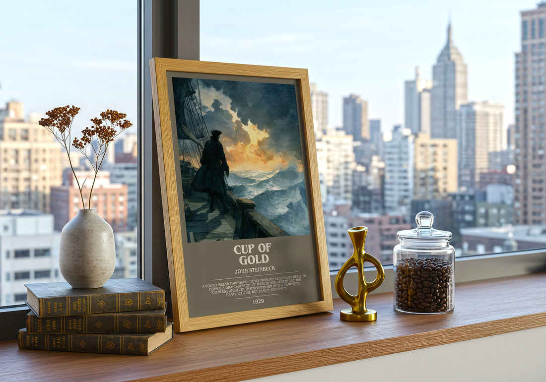 Cup of Gold Bookish Wall Art by John Steinbeck – framed print on a city-view windowsill