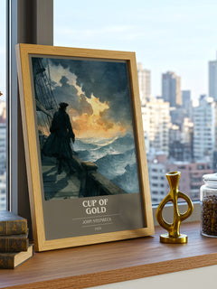 Cup of Gold Book Cover Poster by John Steinbeck – framed print on a city-view windowsill