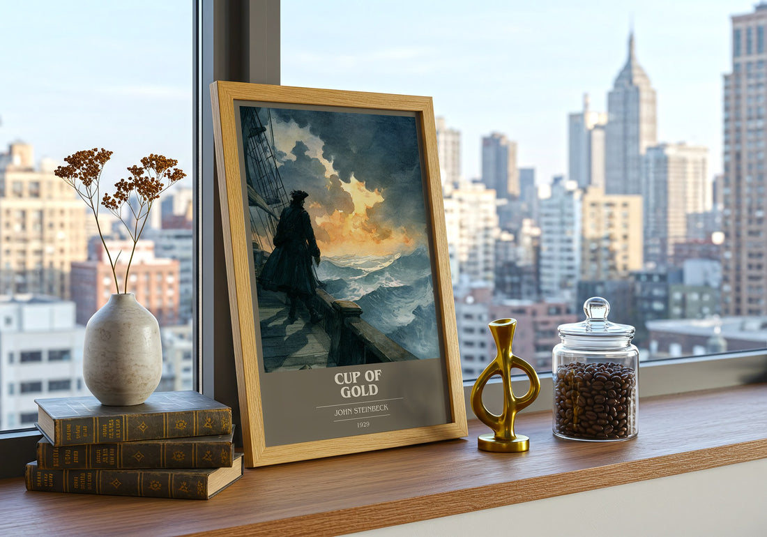 Cup of Gold Book Cover Poster by John Steinbeck – framed print on a city-view windowsill