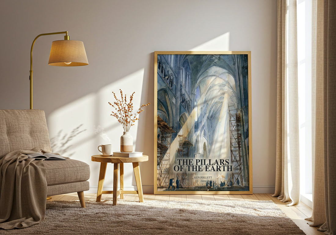 The Pillars Of The Earth watercolour print in frame leaning in hallway – historical fiction wall art (mockup)