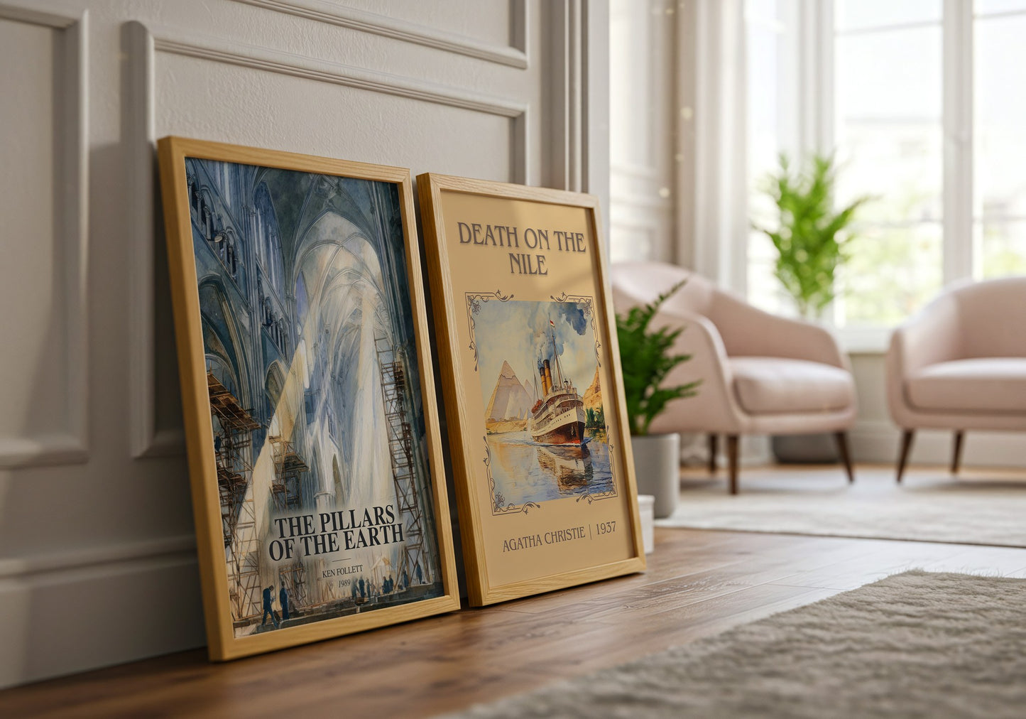 The Pillars Of The Earth watercolour print framed by window – literary home decor