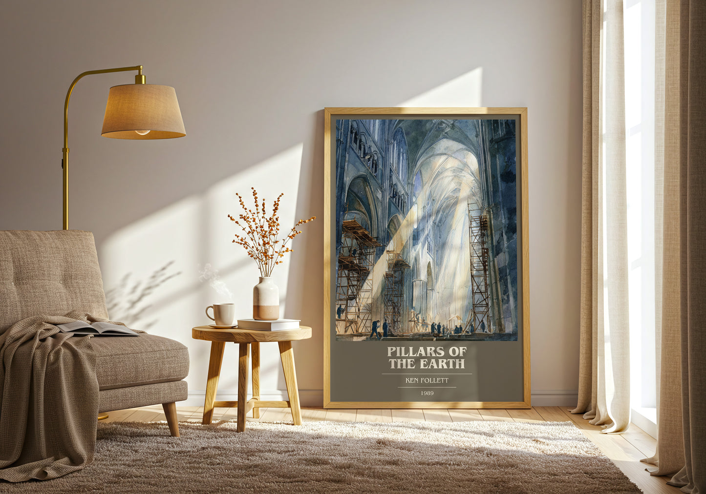 The Pillars of the Earth book cover print framed by window – literary home decor