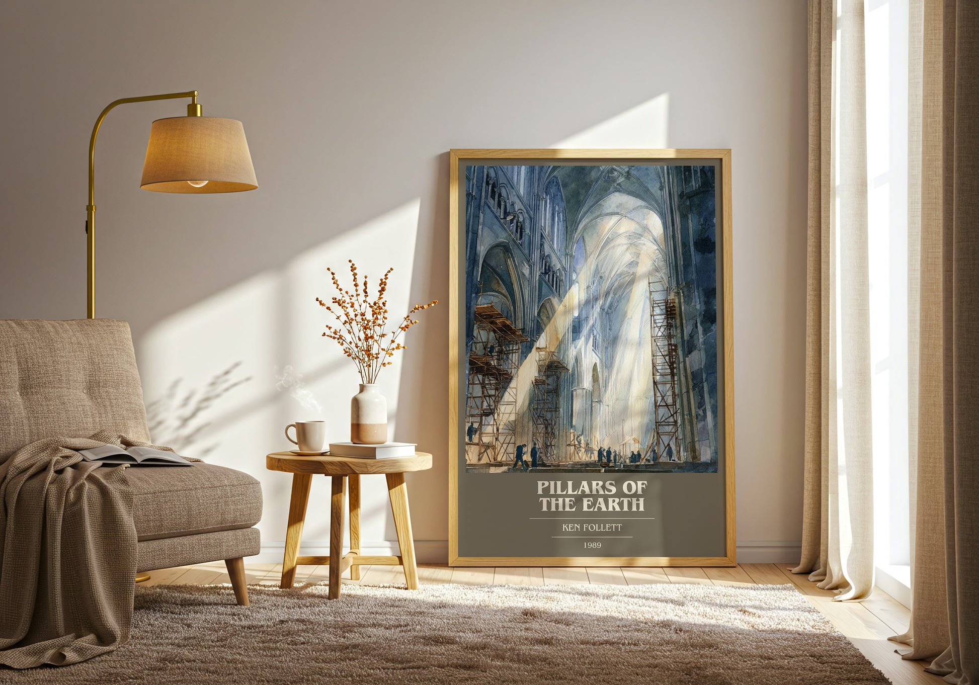 The Pillars of the Earth book cover print framed by window – literary home decor