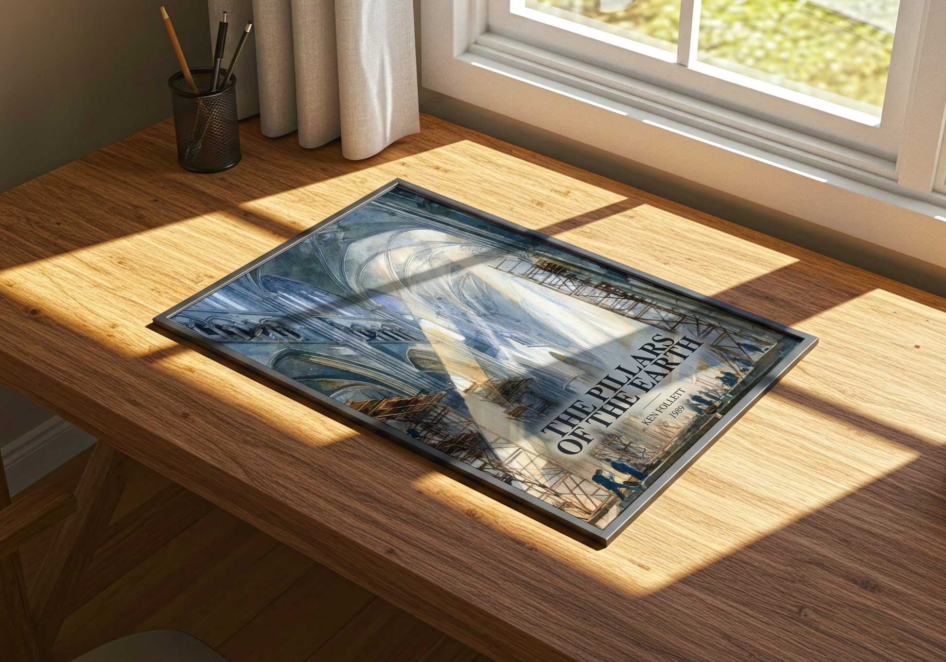 The Pillars Of The Earth watercolour book poster framed on wall – historical fiction wall art