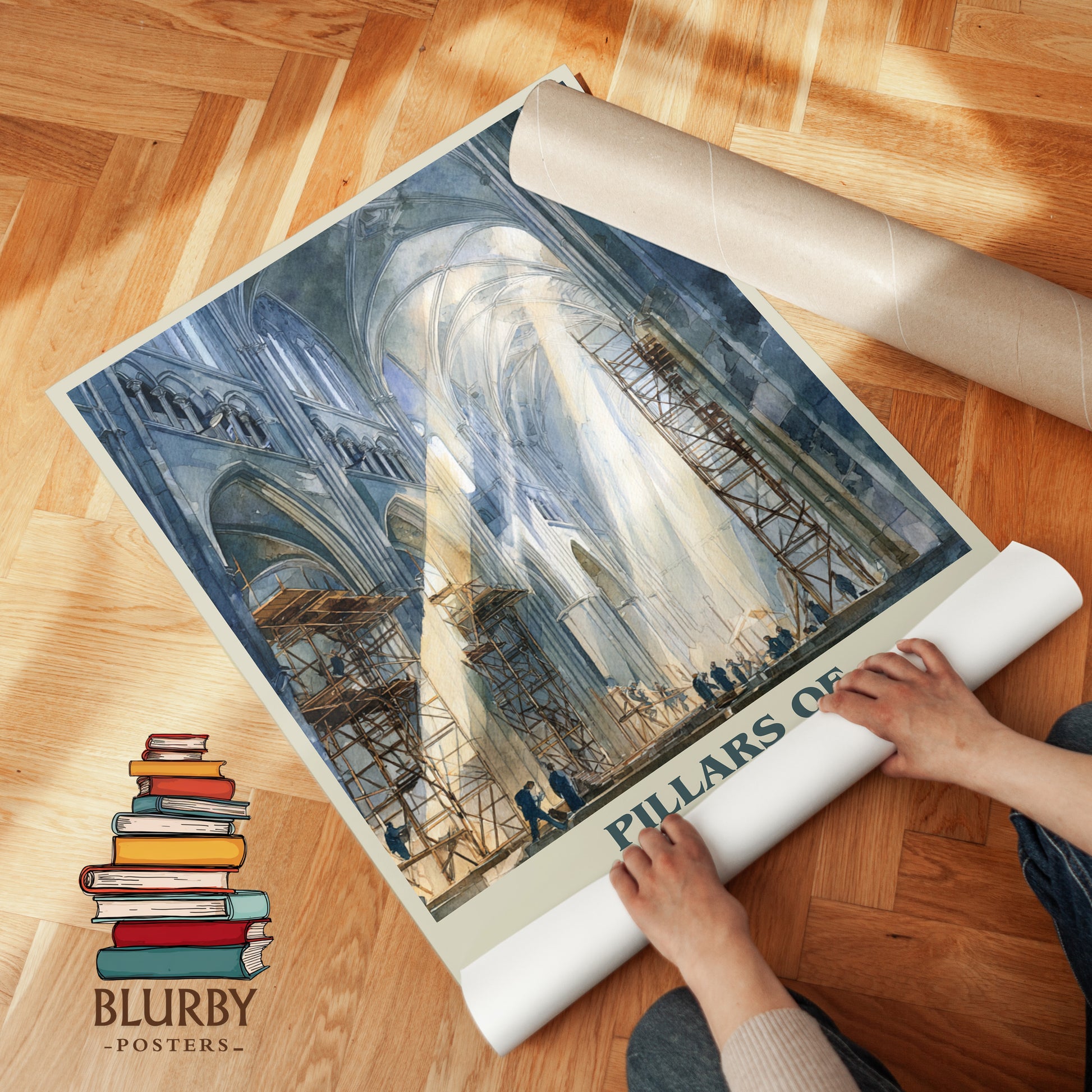 The Pillars of the Earth book cover print on bookshelf – Ken Follett fan gift