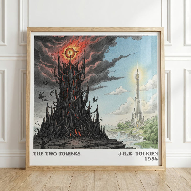 The Two Towers literary print in frame leaning in hallway – historical fiction wall art