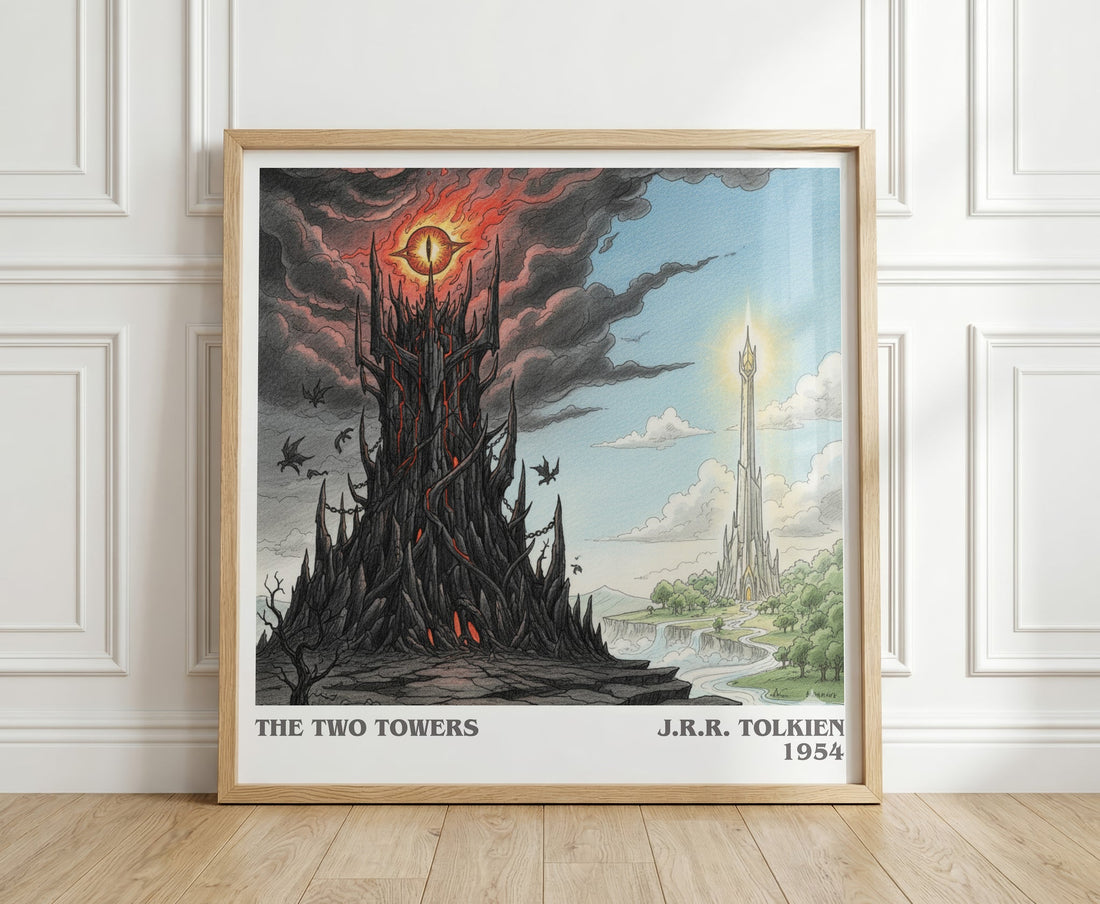 The Two Towers literary print in frame leaning in hallway – historical fiction wall art (mockup)