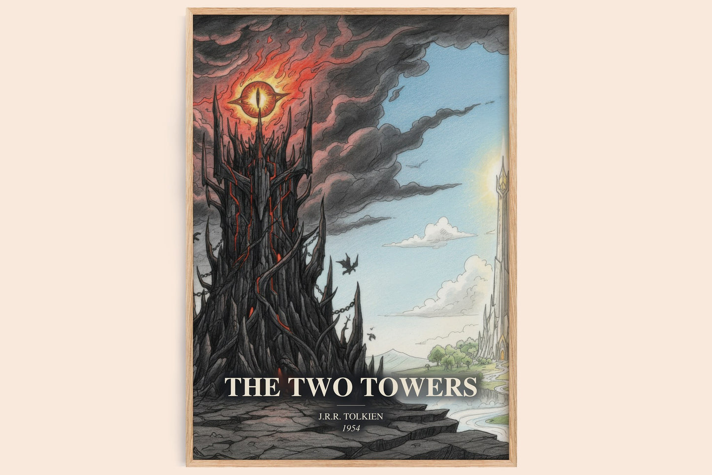 The Two Towers watercolour book poster by J.R.R. Tolkien – framed literary art print
