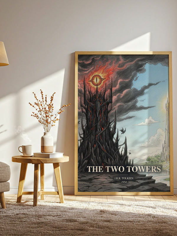 The Two Towers watercolour print in frame leaning in hallway – fantasy wall art