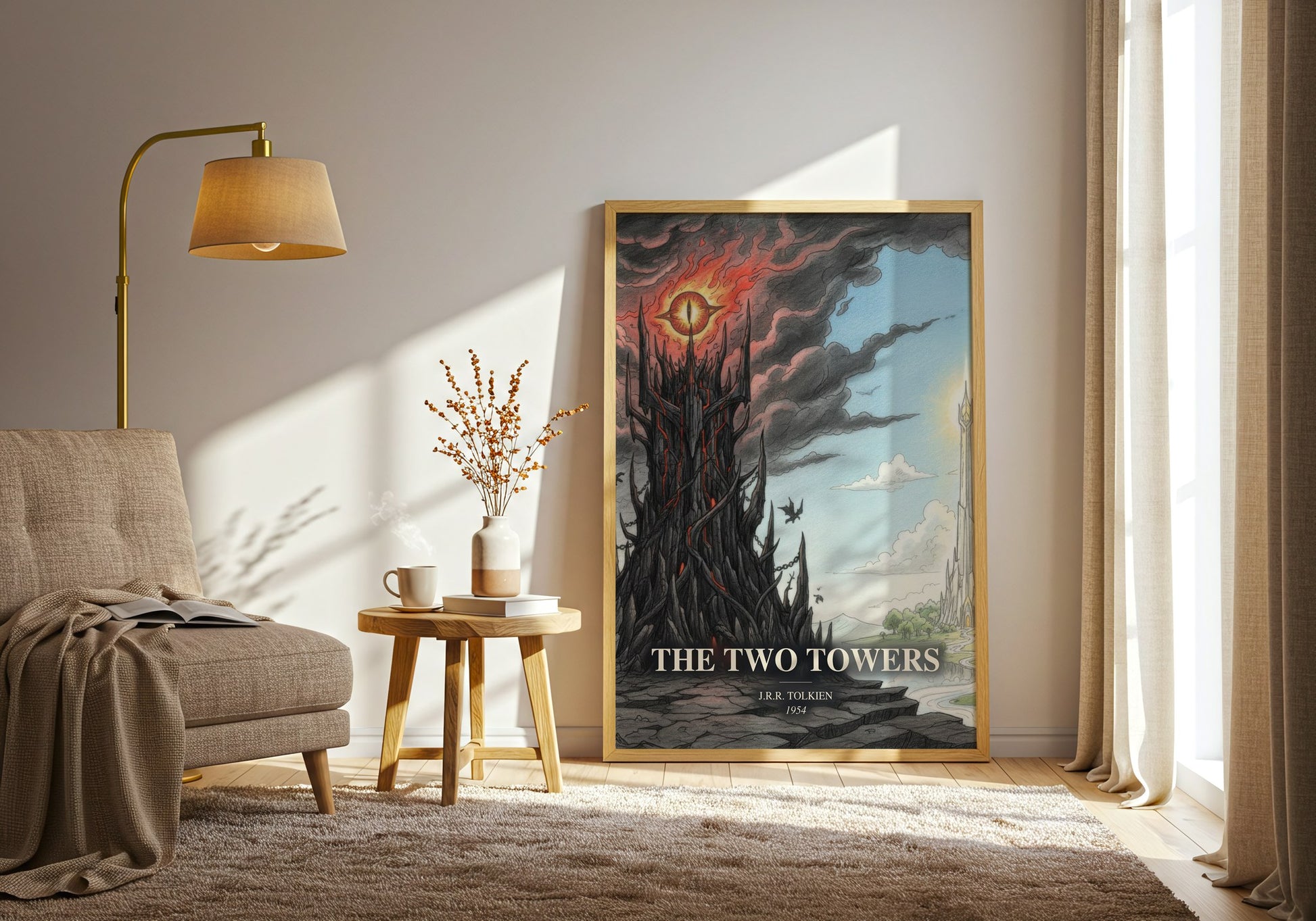 The Two Towers watercolour print in frame leaning in hallway – fantasy wall art