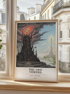 The Two Towers Book Cover Poster by J.R.R. Tolkien – framed print by a bright window