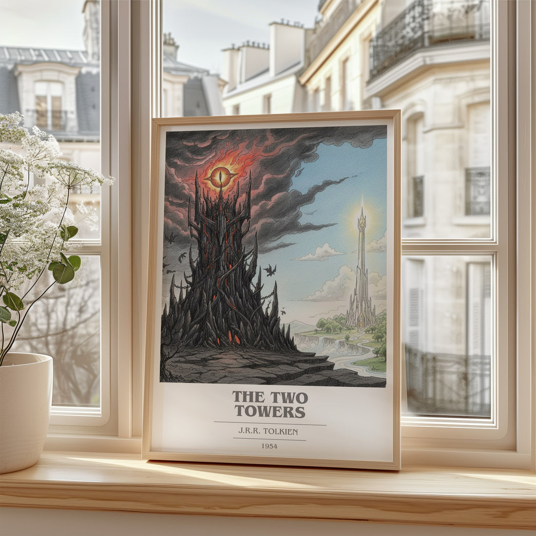 The Two Towers Book Cover Poster by J.R.R. Tolkien – framed print by a bright window