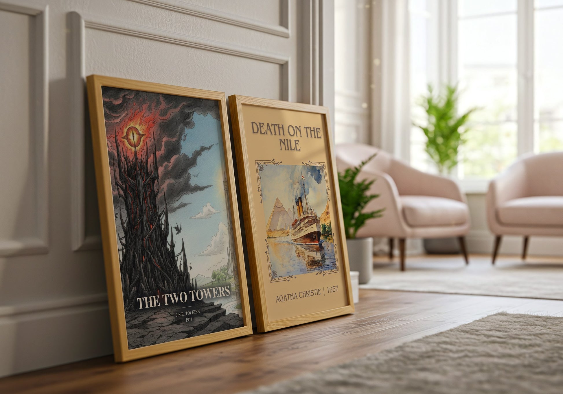 The Two Towers watercolour print framed by window – literary home decor