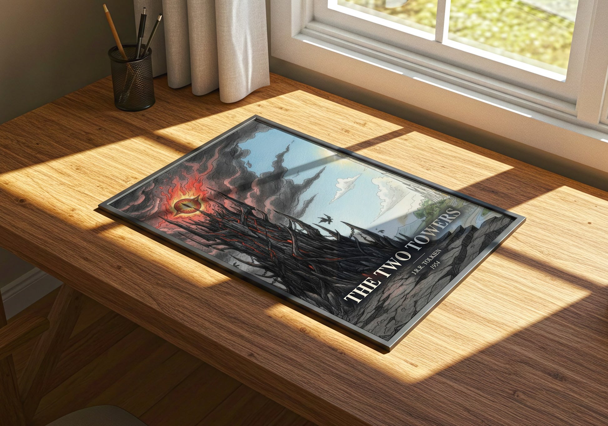 The Two Towers watercolour book poster framed on wall – fantasy wall art