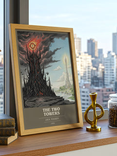 The Two Towers Book Cover Poster by J.R.R. Tolkien – framed print on a city-view windowsill